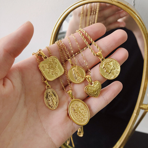 Amaiyllis-Colgante Vintage de oro de 18K para mujer, retrato de moneda, Cruz, corazón de melocotón, Ángel, accesorios para mujer, collares Diy de 18k ► Foto 1/6