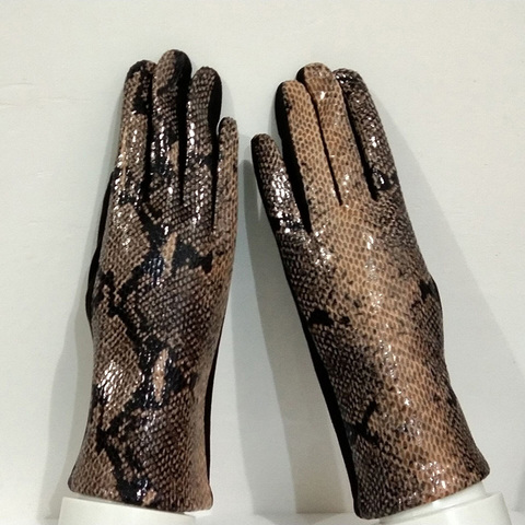 Guantes de pantalla táctil de mujer cuero de imitación diseño de piel de serpiente guante de conducción de terciopelo de ante grueso cálido leopardo guante H87 ► Foto 1/6