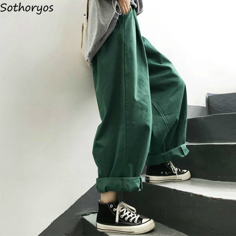 Pantalones de las mujeres Harajuku liso pantalones de pierna ancha mujer ocio nuevo Retro tobillo-longitud-Encuentro de estilo coreano Ulzzang moda para el día a día ► Foto 1/6