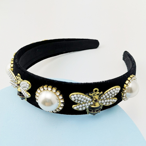 Diadema de abeja de terciopelo negro Retro para mujer y niña, cinta ancha para el pelo, Aro para la cabeza, sombreros de perlas de flores para mujer ► Foto 1/6