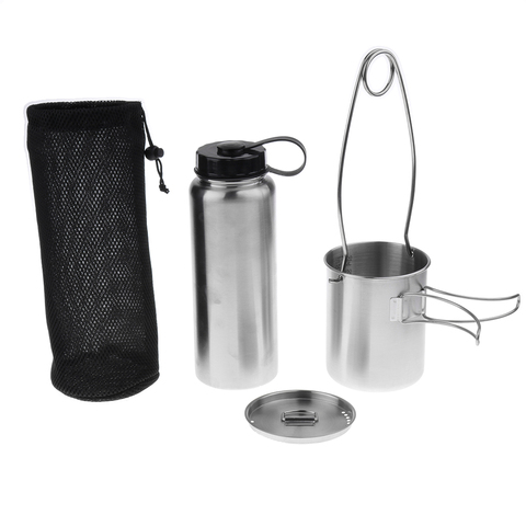 Botella de agua de 1l para exteriores + taza plegable de 750ml con tapa + percha de botella + bolsa, utensilios de cocina necesarios para actividades al aire libre, mochilero ► Foto 1/6