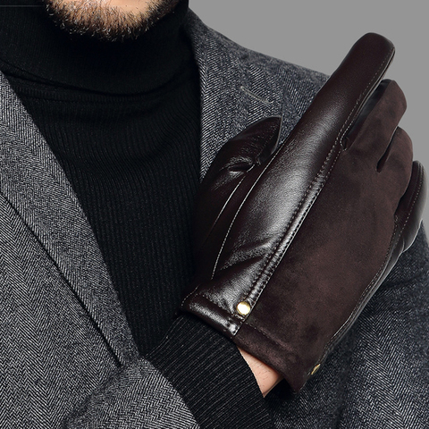 Guantes de cuero genuino para hombre, manoplas gruesas de conducción de abrigo, de piel de oveja, informales, negros, TU2801 ► Foto 1/6