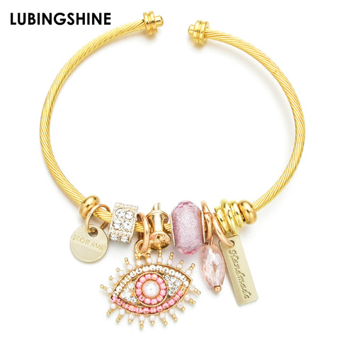 Nueva pulsera de acero inoxidable con colgante de ojo malvado de cristal, brazalete con abalorios de unicornio esmaltado para mujeres y niñas, joyería abierta ► Foto 1/6