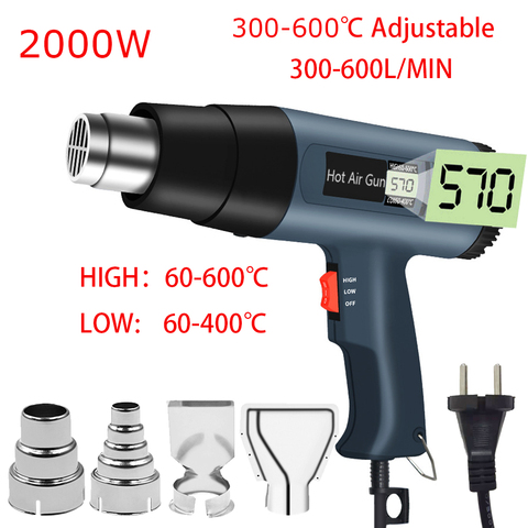 Pistola de aire caliente eléctrica Industrial, termorregulador LCD, pistolas de calor, envoltura termal, boquilla de calentador, 2000W, 220V, enchufe europeo ► Foto 1/6