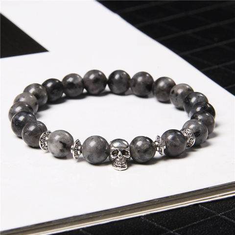 Pulsera de cuentas de piedra labradorita negra Natural para hombre, brazalete de 8mm, redondo, africano, turquesa, Vintage, con cabeza de Calavera, joyería de la suerte ► Foto 1/6