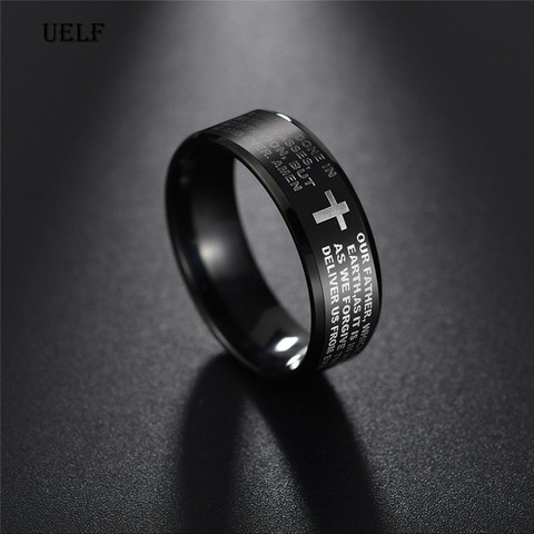 Uelf-Anillo de oración con letra inglesa de acero y titanio, anillos cruzados bíblicos para hombre y mujer, joyería de Jesús, color negro ► Foto 1/6