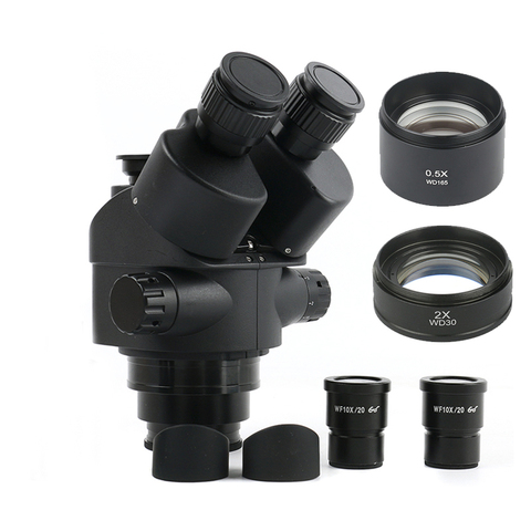 Negro 7X-45X 3.5X-90X Simul-Focal Trinocular microscopio Zoom estéreo microscopio la 0.5x 2.0x auxiliar lente 0.35X 0.5X CTV ► Foto 1/6