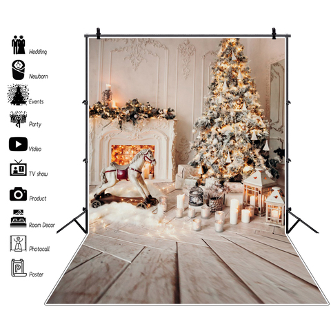 Laeacco gris Chic chimenea de pared árbol de Navidad vela regalo juguetes de bebé piso de madera fiesta fondo de fotografía telón de fondo Photocall ► Foto 1/6