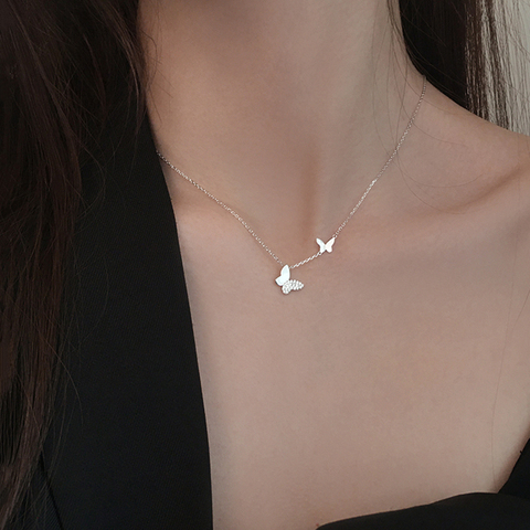 Collar con cadena de Plata de Ley 925 y Circonia cúbica con dos mariposas, joyería fina coreana, para mujeres ► Foto 1/6