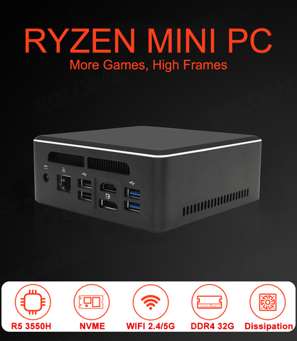 Mini Eglobal PC AMD Ryzen 7 2700U 5 3550H Vega Gráfico 2 * DDR4 M.2 NVMe computadora Windows 10 3x4 tipo K-c HDMI2.0 DP AC WiFI ► Foto 1/6