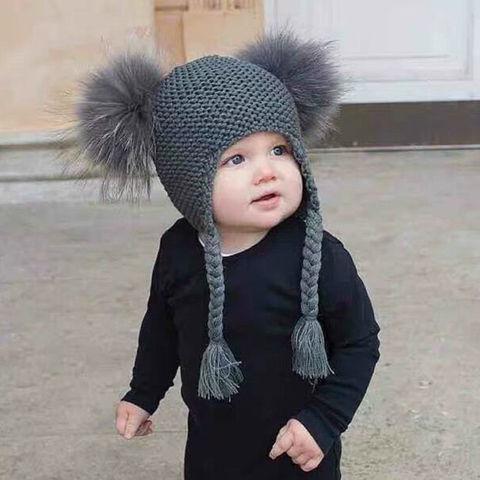 Gorro con pompón de piel auténtica para bebé, gorrito de 15 CM para niño, orejeras tejidas de lana cálida, novedad de otoño e invierno ► Foto 1/6