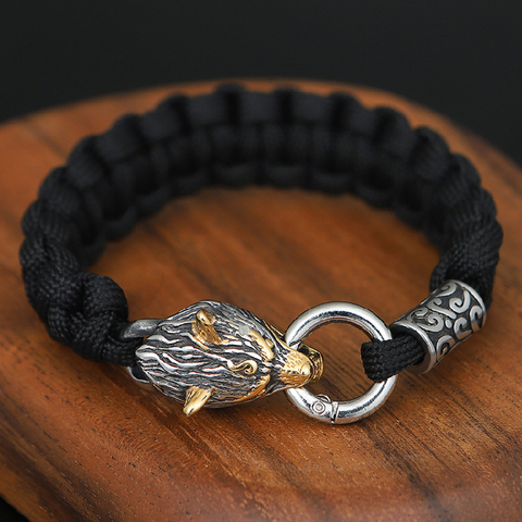 Pulsera de acero inoxidable con cuerda de lobo celta para hombre, brazalete con cuerda de paracaídas de supervivencia, para exteriores, nunca se destiñe ► Foto 1/6