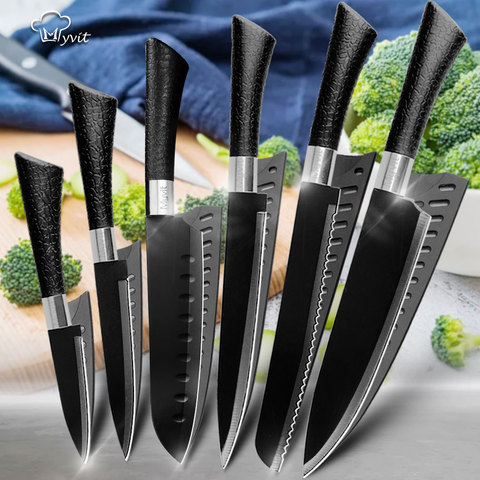 Juego de cuchillos de Chef de acero inoxidable, herramienta de pelado, Santoku, Chef, rebanador de pan, conjunto de accesorios de cocina con cuchilla negra ► Foto 1/6