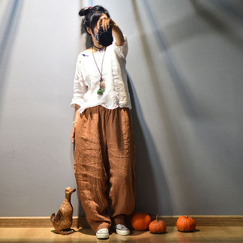 Pantalones holgados de lino con cintura elástica para mujer, calzas Vintage de lino para verano y otoño, 2022 ► Foto 1/6