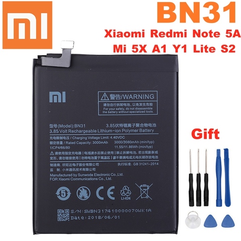 100% Original de la batería 3000mAh BN31 para Xiaomi Mi 5X Redmi Note 5A Redmi Note 5A pro Mi A1 Redmi Y1 Lite Redmi S2 batería ► Foto 1/4