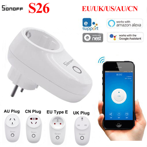 Sonoff-enchufe inteligente S26 con WiFi, toma de corriente inalámbrica de EE. UU./REINO UNIDO/UE, tomas de temporizadores para hogar inteligente, funciona con el asistente de Google Alexa IFTTT ► Foto 1/6