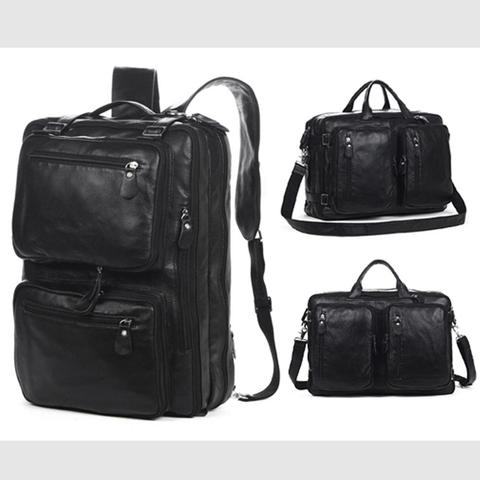 Mochila multifuncional de cuero genuino para hombre, morral escolar de moda para hombre, bolso de viaje, mochila grande de cuero negro ► Foto 1/6