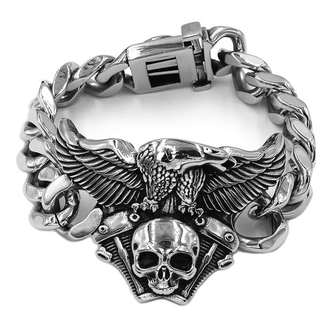 Brazalete de calavera y águila con motor, de acero inoxidable, joyería de titanio con gran personalidad, brazalete Vintage de motorista con calavera para hombres, SJB0368 ► Foto 1/5