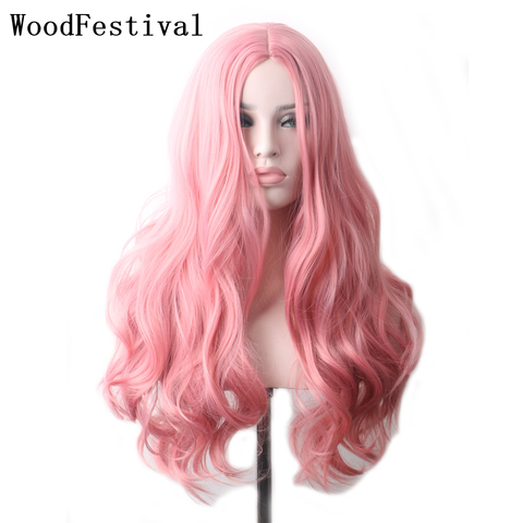 WoodFestival-Peluca de cabello sintético para mujer, cabello ondulado de color rosa largo, rojo, marrón, azul, negro, morado, verde, Borgoña, gris ► Foto 1/6