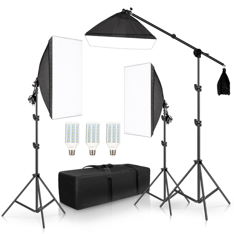 Kit de iluminación continua de luces Softbox para estudio fotográfico profesional, brazo de soporte, 3 uds., caja blanda con bolsa de arena ► Foto 1/6