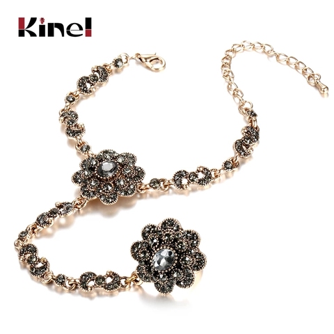 Kinel-conjunto de joyas Vintage con flores de cristal gris para mujer, a la moda brazaletes y anillos, joyería de Turquía chapada en oro, 2022 ► Foto 1/6