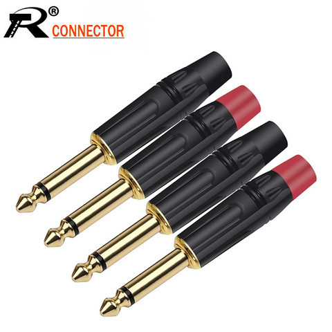 100 unids/lote 2 polos 6,35mm conector macho Mono chapado en oro 1/4 pulgadas Mono conector de enchufe para micrófono 50 pares rojo + negro ► Foto 1/6