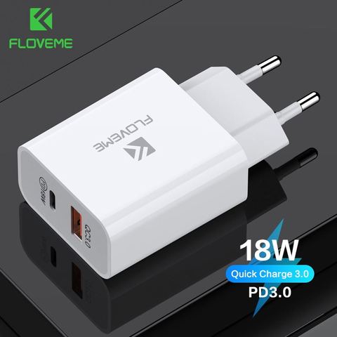 FLOVEME-Cargador PD de 18W para teléfono móvil, Cargador USB Dual de carga rápida 3,0 para iPhone, Samsung, Xiaomi QC 3,0, adaptador de Cargador ► Foto 1/6