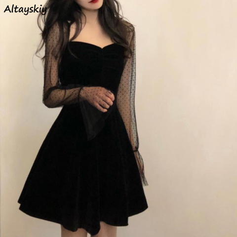 Mujer Vestidos de verano Vintage vestido sólido acampanado de malla de manga de la longitud de la rodilla Collar cuadrado elegante femenino Sexy mujer 2022 nuevo ► Foto 1/6