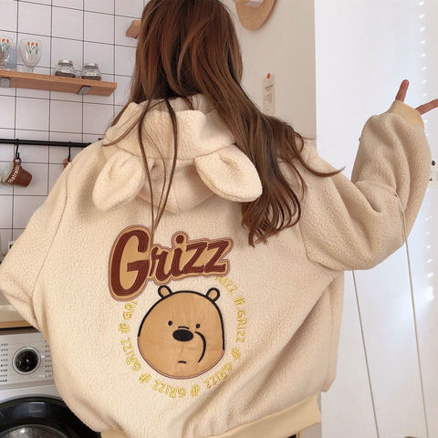 Abrigo con cremallera para mujer, Sudadera con capucha y estampado de oso Harajuku, suéter holgado con bolsillos para mujer, jersey de franela de lana ► Foto 1/6