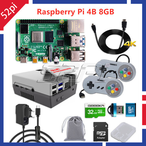¡En Stock! Raspberry Pi 4 Modelo B con 8GB de RAM, 64 bits, QuadCore, 1,5 GHz, Kit con funda NES4Pi, 32GB de tarjeta, USB, controladores de juego con cable ► Foto 1/6