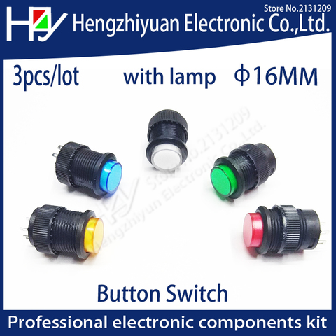 Hzy-Interruptor de botón de autobloqueo, pulsador con LED de encendido y apagado, 16mm, azul, verde, rojo y amarillo, con lámpara de recuperación, 3A125V, CA, 4 pines ► Foto 1/6