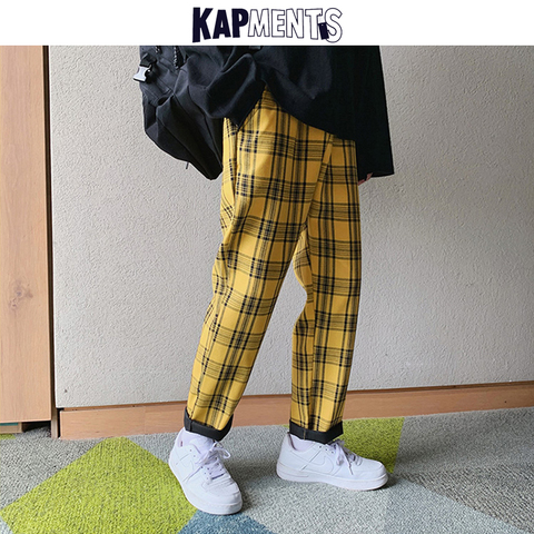 KAPMENTS Streetwear amarillo pantalones a cuadros hombres Camisetas De 2022 recto Casual los hombres de pantalones Harem coreano Hip Hop pantalones de talla grande ► Foto 1/6