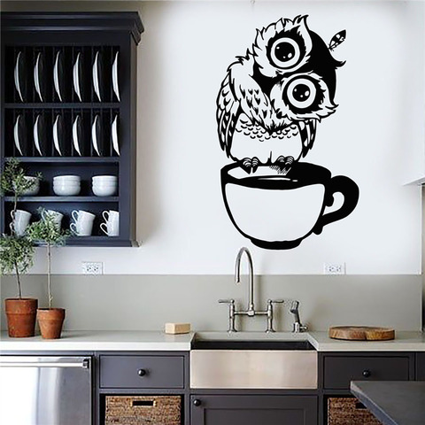 Pegatinas decorativas de dibujos animados de búho en la taza para pared, calcomanías de vinilo para cocina, comedor, cafetería, Bar, decoración del hogar ► Foto 1/6