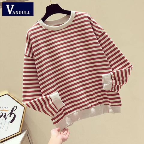 Vangull-sudaderas con capucha de punto a rayas para mujer, suéteres informales suaves de manga larga, jerséis sueltos de retales, Tops de cuello redondo ► Foto 1/6