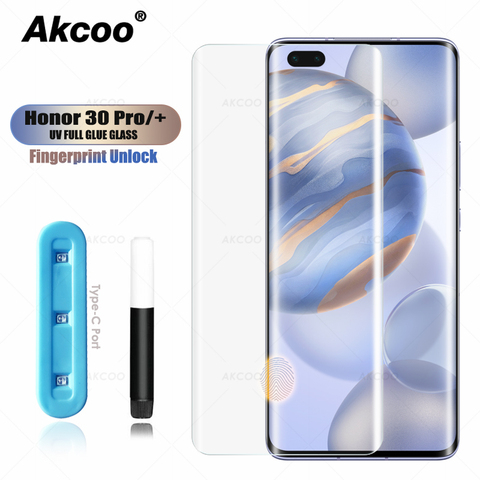 Akcoo-Protector de pantalla de vidrio templado, adhesivo completo UV para Honor 30 Pro, película de vidrio sensible al tacto ► Foto 1/6