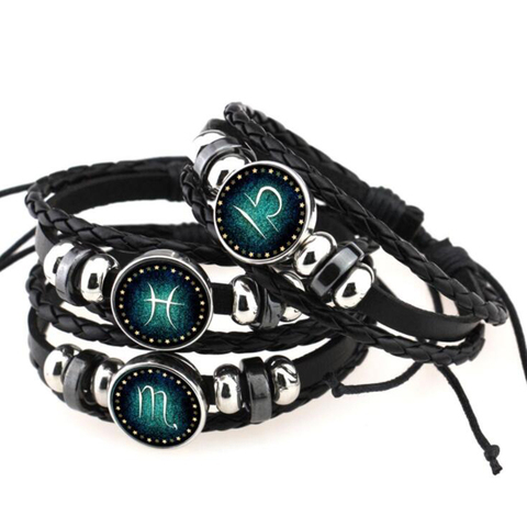 Aries-pulsera con signo del zodiaco para hombre y mujer, brazalete de cuero trenzado negro genuino, Aries Tauro Gemini cáncer Virgo 12, B022, novedad de 2022 ► Foto 1/6