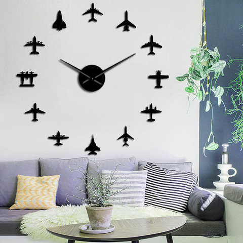 Avión volador de combate Jet moderno DIY reloj gigante de pared pegatina de superficie de espejo acrílica Reloj de pared de avión aviador decoración del hogar de piloto ► Foto 1/6