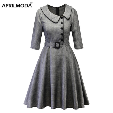 Otoño Invierno 2022 mujeres Retro vestido 50s 60s Vintage Casual rojo negro Bata a cuadros estilo Hepburn, Rockabilly Vestidos de mujer de talla grande 4XL ► Foto 1/6