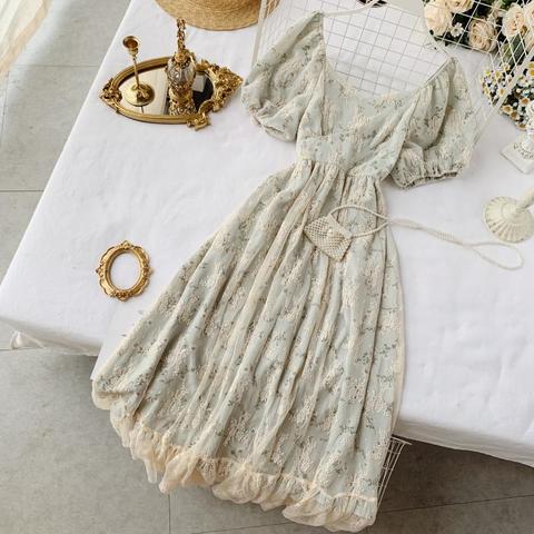 Verano vestido de hadas de las mujeres estilo francés Retro Vintage de gasa vestido con mangas Puff Casual Elegante vestido de estampado Floral de las mujeres 2022 nuevo ► Foto 1/6