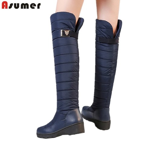 ASUMER-Botas de nieve de piel gruesas para mujer, zapatos de plataforma con punta redonda y hebilla, hasta la rodilla, impermeables, cálidas, talla 35-44 ► Foto 1/6