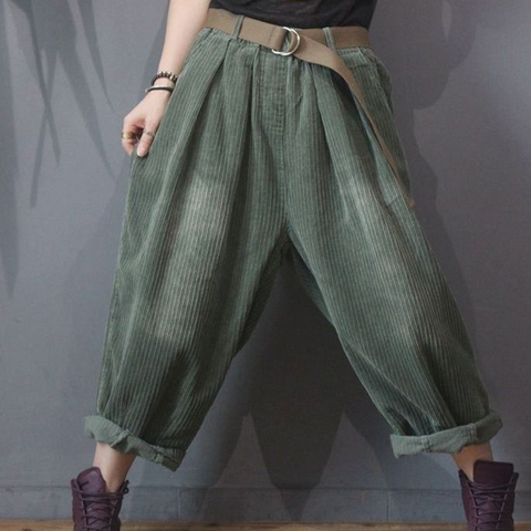 Pantalones harén de cintura elástica para mujer, calzas informales sueltas Vintage de pana 100% de algodón S312 ► Foto 1/4
