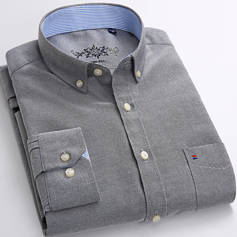 Camisa Oxford de manga larga para hombre, camisa de un solo Bolsillo tipo parche, diseño Simple, informal, ajuste estándar, con cuello abotonado ► Foto 1/6