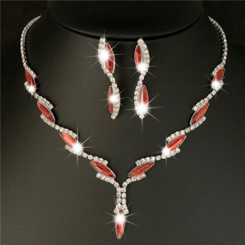 Envío de la gota de plata rojo real de cristal boda juegos de joyas para mujer hoja de largo collar nupcial novia pendientes conjuntos de joyas ► Foto 1/6