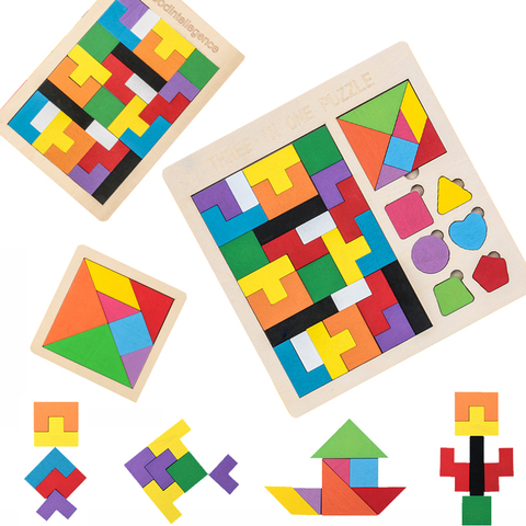 Rompecabezas 3D de madera Tangram para niños, juguete educativo intelectual de matemáticas, juego de puzle 3 en 1 ► Foto 1/6