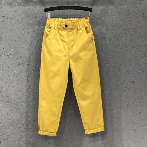 Novedad en pantalones harén de verano para mujer, pantalones vaqueros informales de algodón combinados, pantalones vaqueros elásticos de talla grande en amarillo y blanco D321 ► Foto 1/6