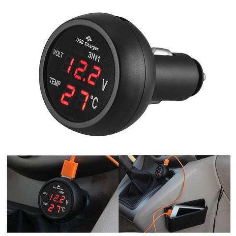 Voltímetro Digital LED 3 en 1 para coche, 12/24V, con pantalla de carga USB para teléfono, tableta y GPS ► Foto 1/6