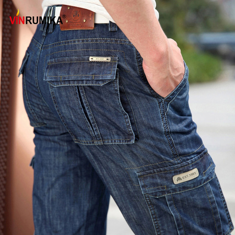 2022 de los hombres de verano Casual de marca de alta calidad monos Jeans hombre primavera Multi-Bolsillo azul Denim Pantalones largos de vaquero ► Foto 1/6