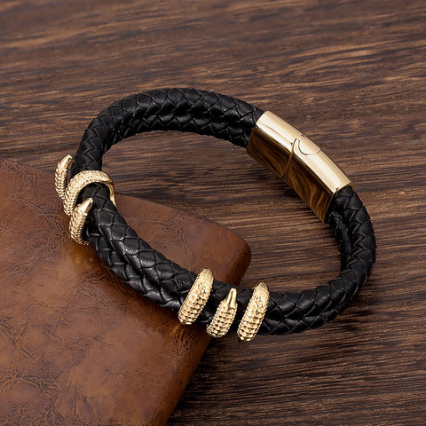 Pulsera de cuero para hombre, acero inoxidable, dorado, garra de dragón Punk, joyería de lujo, hecha a mano, accesorios de cuerda, brazaletes, regalos ► Foto 1/6