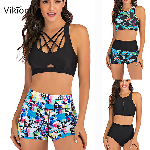 Vikionfly-Conjunto de Bikini de cintura alta con pantalones cortos para mujer, bañador deportivo con estampado para mujer, ropa de baño de realce para gimnasio, traje de baño de talla grande XXL 2022 ► Foto 1/6