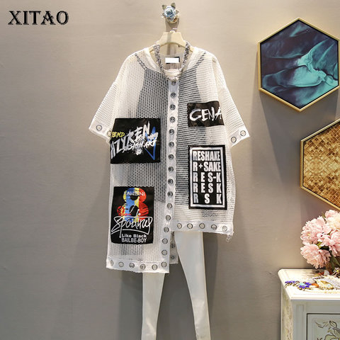 XITAO-Camiseta holgada de manga corta con cuello redondo para mujer, moda de Corea de verano con estampado de letras, Camiseta calada de retales, WBB3401, 2022 ► Foto 1/6